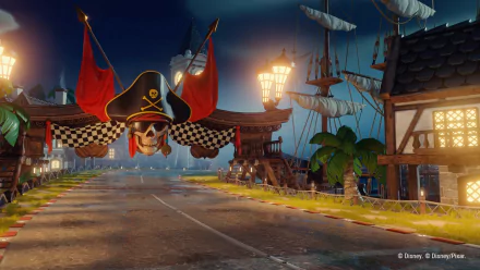 HD desktop wallpaper featuring a vibrant scene from the video game Disney Speedstorm, showcasing a pirate-themed race track with a large skull and crossbones banner and a coastal setting illuminated at night.
