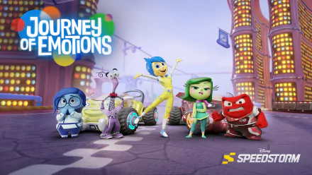 HD desktop wallpaper and background featuring Disney Speedstorm characters from Inside Out, titled Journey of Emotions.
