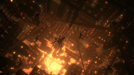 HD anime wallpaper featuring a dramatic scene from Demon Slayer: Kimetsu no Yaiba with an anime boy falling amidst glowing embers and dark beams.