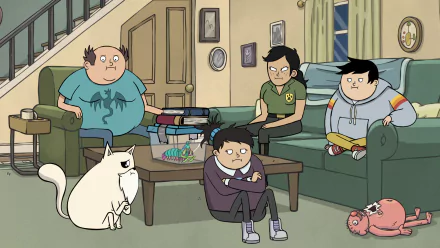 HD desktop wallpaper featuring characters from the TV show Exploding Kittens. The scene shows a group of people and a cat in a living room setting, exuding a casual and quirky vibe.