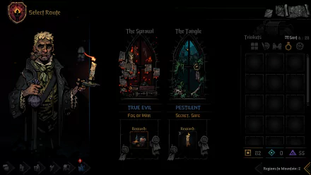 HD desktop wallpaper of Darkest Dungeon II showing character selection screen with route options. The options are The Sprawl and The Tangle, with associated rewards detailed below each path.