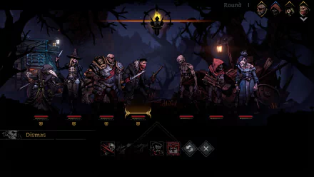High-definition desktop wallpaper from Darkest Dungeon II, featuring in-game characters standing in a dimly lit, sinister forest environment.