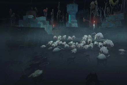 HD desktop wallpaper of the video game Cataclismo, featuring a dark, eerie scene with a large group of white creatures surrounded by a mysterious, foggy landscape and abandoned structures.