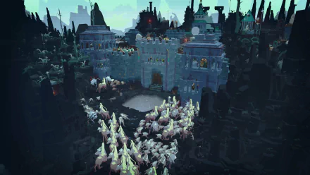 HD desktop wallpaper of the video game Cataclismo, depicting a dramatic scene with armies gathering outside a large fortress in a dark, fantastical landscape.