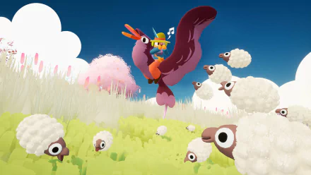HD desktop wallpaper from the video game Flock, featuring a character riding a large bird in a vibrant, whimsical landscape with fluffy sheep and colorful scenery.