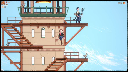 HD desktop wallpaper and background from the video game, Magical Delicacy, featuring two characters on a multi-level platform with blue sky and pigeons.
