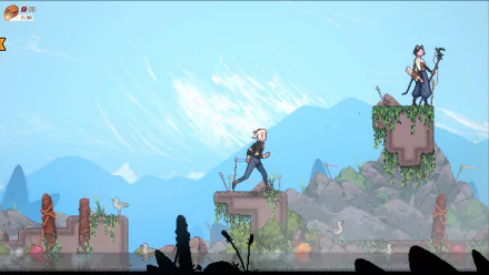 HD desktop wallpaper of the video game Magical Delicacy, featuring a character traversing platforms in a lush, mountainous landscape under a clear blue sky.