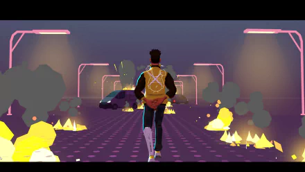 A HD desktop wallpaper and background featuring an action-packed scene from the video game Aerial_Knight's Never Yield, depicting a character running through a futuristic, neon-lit environment with explosions and debris.