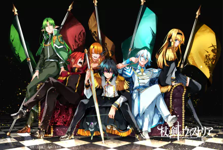 HD PC desktop wallpaper featuring anime characters from Wistoria: Wand and Sword, each holding a flag with distinct colors against a dark background.