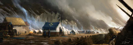 HD desktop wallpaper and background featuring an encampment scene from the video game Flintlock: The Siege of Dawn, with tents set against a misty, mountainous backdrop and soldiers standing guard.