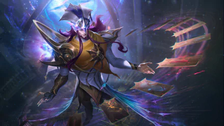 HD desktop wallpaper featuring Twisted Fate from League of Legends, set against a dynamic backdrop. The character is depicted with flowing cards and vivid, mystical lighting.