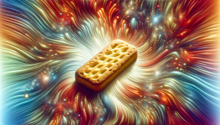 HD desktop wallpaper featuring a biscotti at the center, surrounded by a vibrant and colorful cosmic background.