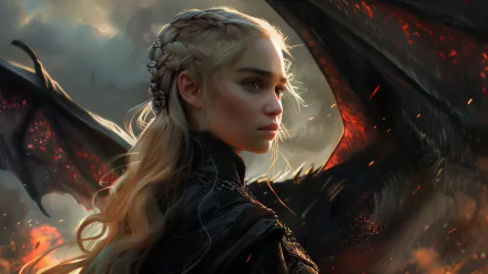 HD desktop wallpaper featuring Emilia Clarke as Daenerys Targaryen from the TV show Game of Thrones, with a dragon in the background and a dramatic sky.
