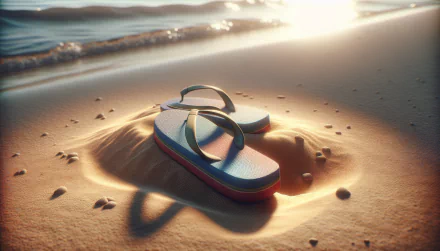 A pair of flip flops rests on golden sand, with gentle waves and the warm glow of the sunset in the background. This HD wallpaper captures a serene beach moment.