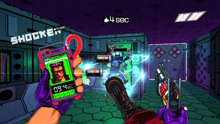 HD desktop wallpaper featuring a colorful, action-packed scene from the video game Mullet MadJack, showcasing intense gameplay with a first-person perspective and vibrant graphics.