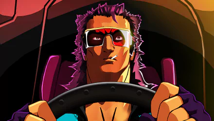 HD desktop wallpaper featuring Mullet MadJack, a character from a video game, gripping a steering wheel, with vibrant colors and intense expression.