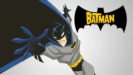 The Batman (TV show) HD PC desktop wallpaper/background: animated Batman in gray suit and blue cape reaching toward viewer beside a black bat-symbol and yellow logo.