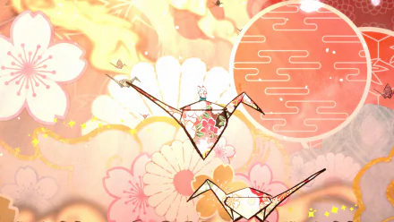 HD desktop wallpaper and background featuring origami cranes in a serene, floral setting from the video game Bo: Path of the Teal Lotus.