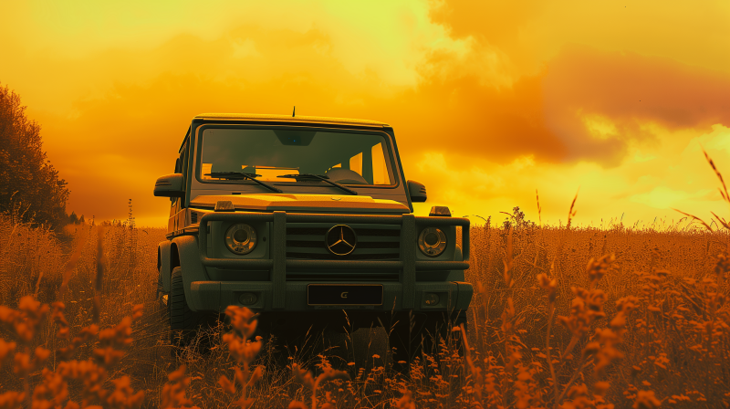 {{ HD desktop wallpaper featuring a Mercedes-Benz G-Class vehicle in a field with a vibrant orange sunset in the background. 
