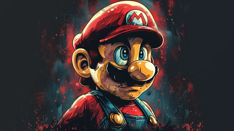{{ HD desktop wallpaper featuring Mario from the video game Super Mario Bros., set against a vibrant and dramatic dark background. 