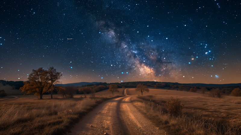{{ Road under a starry sky with the Milky Way visible, surrounded by open fields and trees. Nature scene in HD resolution, serving as a desktop wallpaper and background. 