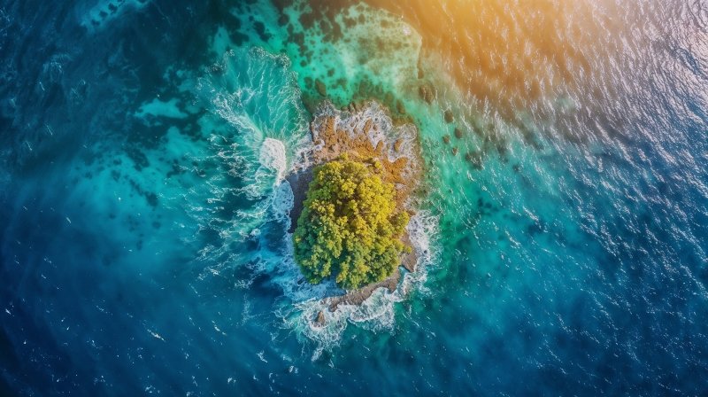 {{ A breathtaking view of an island surrounded by the vast ocean, presented in high definition for a desktop wallpaper. 