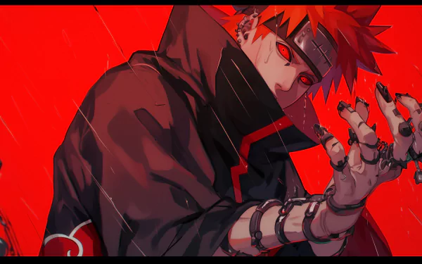 HD desktop wallpaper featuring the anime character Pain from Naruto, depicted with red eyes and piercings against a striking red background.