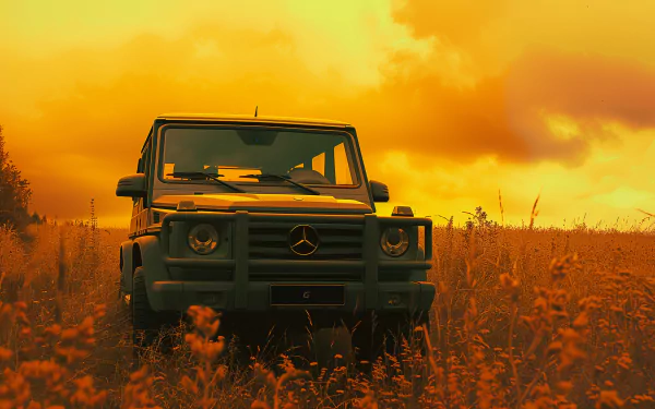 HD desktop wallpaper featuring a Mercedes-Benz G-Class vehicle in a field with a vibrant orange sunset in the background.