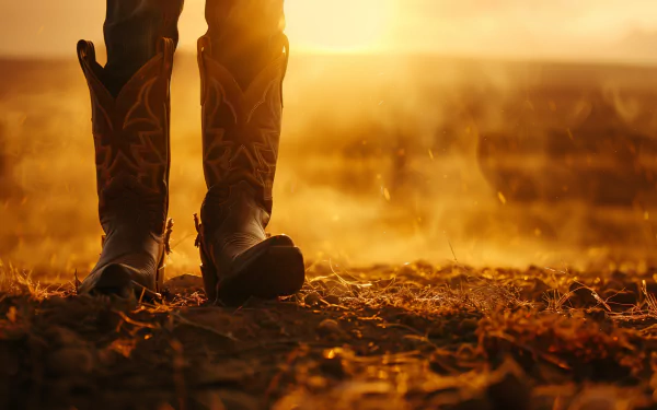 A close-up of cowboy boots standing on dusty ground, bathed in warm golden light during sunset. This HD desktop wallpaper captures a rustic, rugged atmosphere.