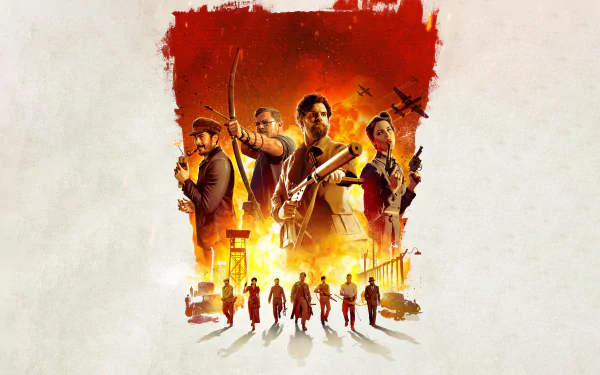 HD desktop wallpaper featuring a montage of characters from the movie 'The Ministry of Ungentlemanly Warfare' with a vivid red and yellow background, portraying an action-packed theme.