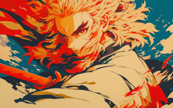 HD Anime wallpaper featuring Kyojuro Rengoku from Demon Slayer: Kimetsu no Yaiba with vivid red and blue hues, showcasing the character's intense gaze and fiery hair.