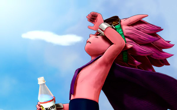 HD desktop wallpaper and background featuring a vibrant character from the video game Sand Land, depicted with pink hair and sunglasses, gazing upward while holding a bottle of water, against a blue sky.