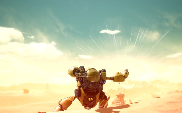 A high-definition desktop wallpaper depicting a robotic figure in a desert landscape known as Sand Land, with bright sunlight and clear skies in the background.