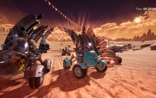 HD desktop wallpaper featuring a scene from the video game Sand Land, showing futuristic vehicles racing through a desert landscape under a warm, hazy sky.