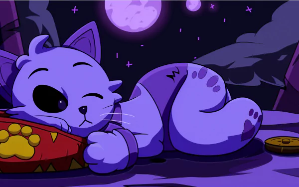 HD desktop wallpaper from Poppy Playtime featuring CatNap, a cartoon cat sleeping under a starry night sky.