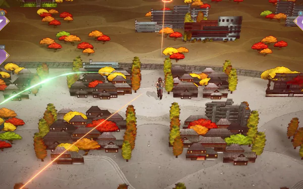 HD desktop wallpaper featuring a scene from the video game SaGa Emerald Beyond, with a character standing among colorful trees and laser beams.