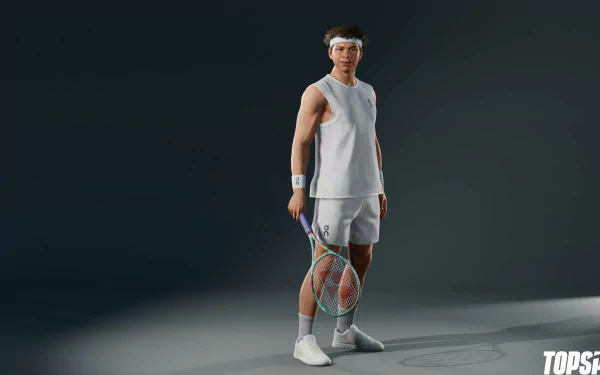 HD desktop wallpaper featuring a male tennis player from the video game TopSpin 2K25, standing in a studio, dressed in sportswear and holding a racket.