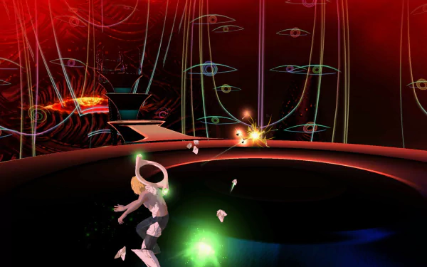 HD desktop wallpaper featuring a character from El Shaddai: Ascension of the Metatron, set in a vivid, abstract video game world.