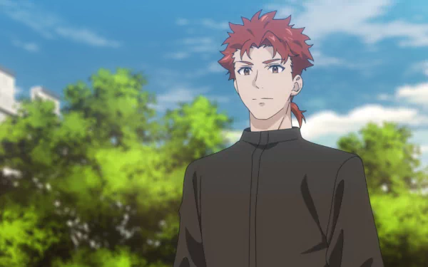Anime character with red hair stands against a vibrant sky and lush greenery, featured in HD desktop wallpaper from Unnamed Memory.