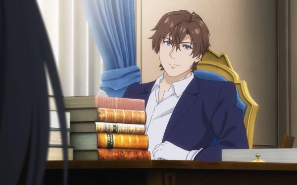Anime character from Unnamed Memory sitting at a desk with books, in an elegant room. HD desktop wallpaper.