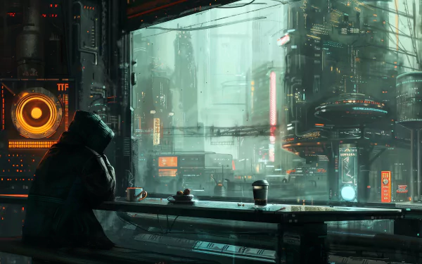 HD desktop wallpaper of a futuristic cityscape viewed from a coffee shop, featuring a cloaked figure gazing out at neon-lit buildings.