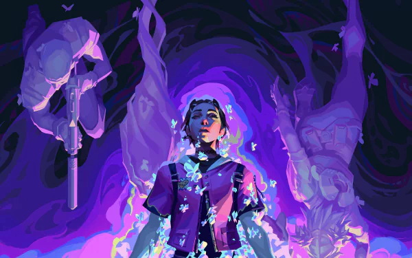 HD desktop wallpaper featuring Clove from Valorant, depicted with a dynamic purple and blue background, showcasing ethereal elements and a dramatic pose.