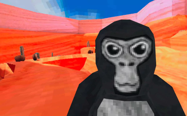 HD desktop wallpaper featuring a character from the video game Gorilla Tag, set against a vivid red rocky landscape.