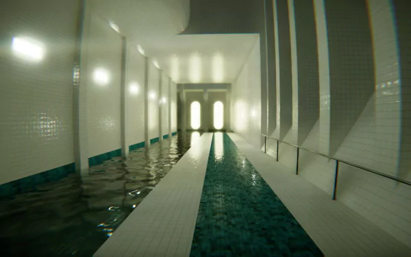 HD desktop wallpaper and background of a video game depicting a serene indoor pool with glowing lights and reflections on tile walls.