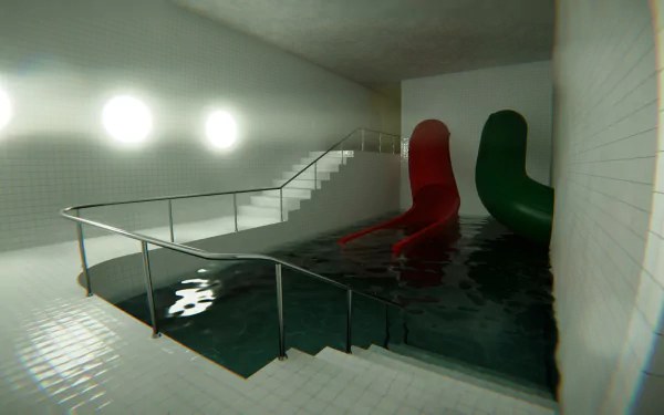 HD wallpaper of a video game-inspired indoor pool with red and green slides, reflecting a vibrant, realistic design.