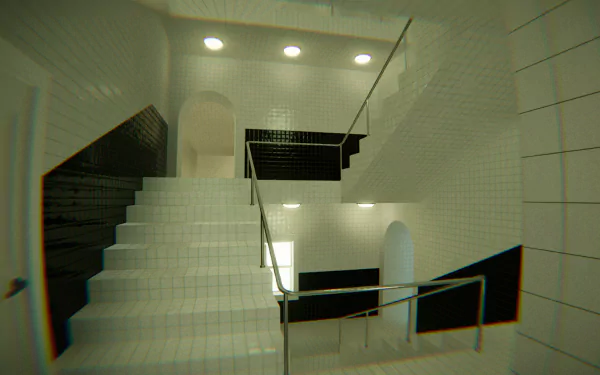 HD desktop wallpaper of a video game scene depicting an indoor pool area with bright lighting, sleek white tiles, and geometric stairs.