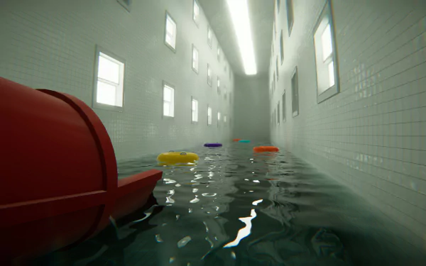 HD desktop wallpaper featuring a video game-inspired indoor pool with colorful floats and a red slide, set in a tiled room with multiple windows.