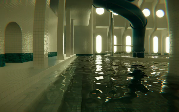 HD desktop wallpaper featuring a serene indoor pool scene from a video game, complete with glistening water, tiled walls, and ambient lighting.