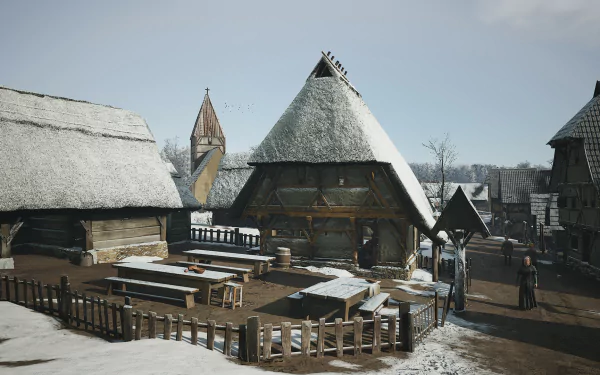 HD desktop wallpaper featuring a snowy medieval village scene from the video game Manor Lords, with detailed wooden buildings and villagers.