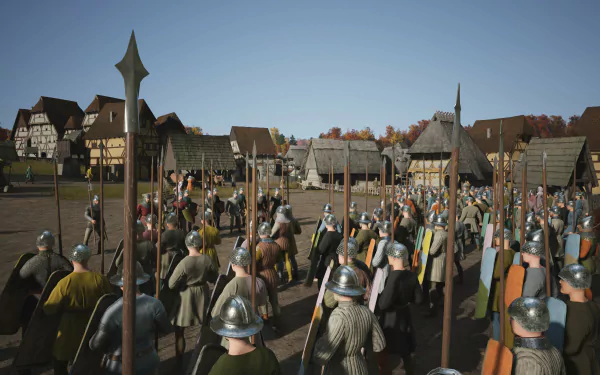 HD desktop wallpaper from the video game Manor Lords depicting a medieval village with soldiers assembled in the town square.